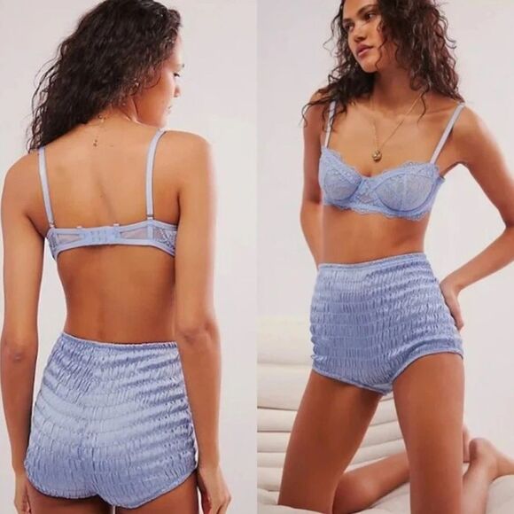 Free People Intimately Ruched Silky Shorties Short Blue Stretch Sz Small NEW - Picture 1 of 6